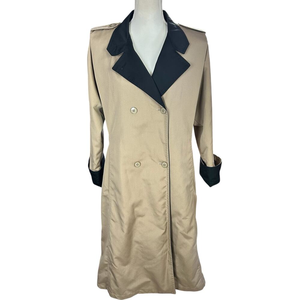Misty Harbor Trench Coat Women Petite Size 12 Tan Black Lined Vintage Raincoat